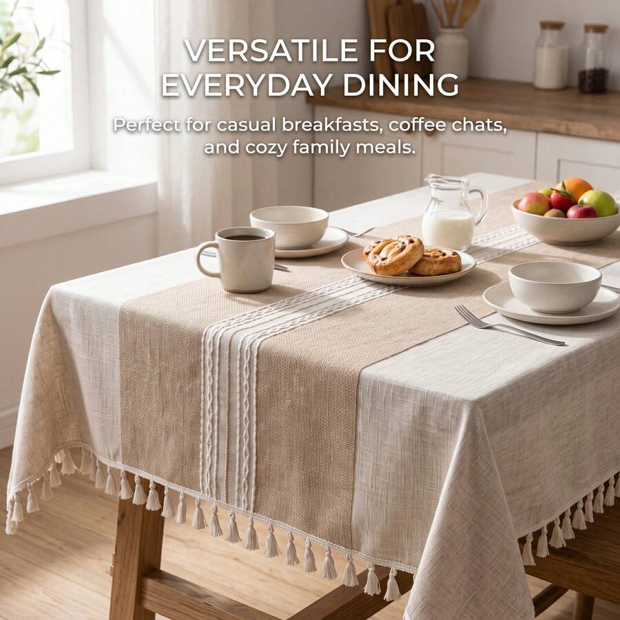 1 buah Taplak Meja Rumbai Bergaris Blok Warna Beige & Khaki, Gaya Rustik Alami, Bahan Poliester, Bentuk Persegi Panjang dengan Tepi Rumbai dan Dekorasi Detail Garis Anyaman, Taplak Meja Rumah Fungsional Cocok untuk Sarapan Sehari-hari, Minum Kopi, Berbincang, dan Acara Berkumpul Keluarga - Aprikot - View 1
