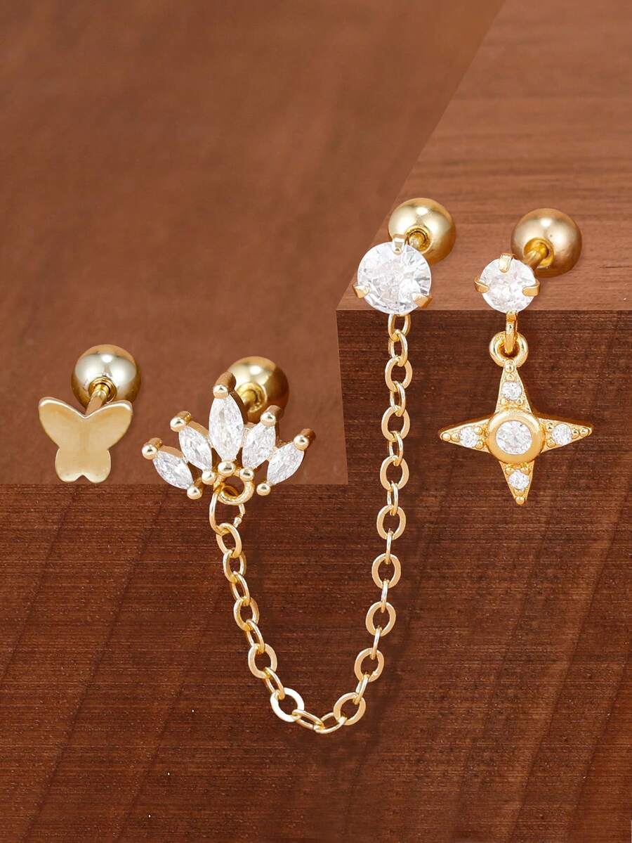 3pcs 18K Gold Plated Stainless Steel Minimal Crystal Crown Butterfly Piercing Earrings Set Helix Studs Tragus Cartilage Studs Earring Jewelry Gift - 1-gold-3PCS - View 1