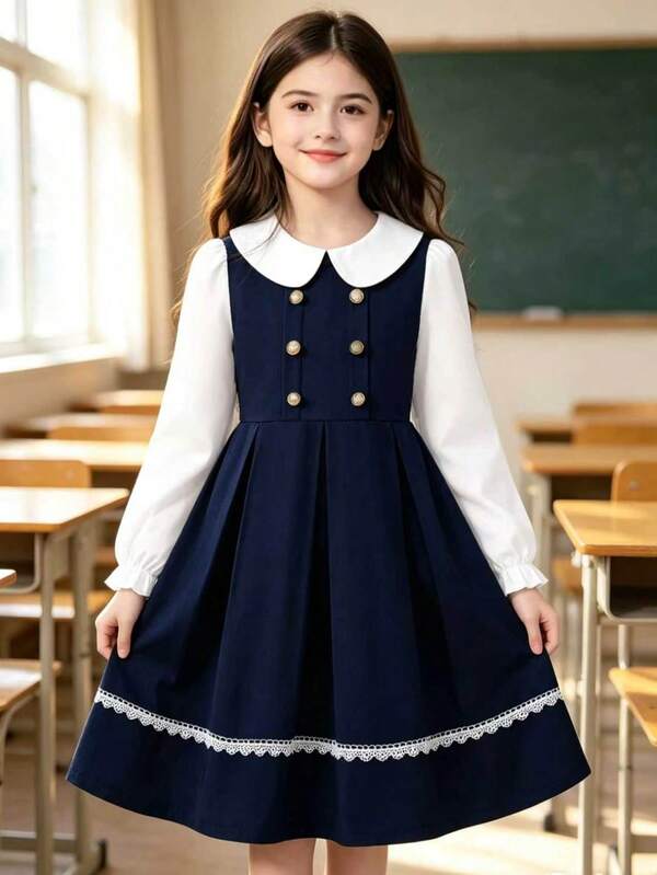 青少年女孩學院風 2 合 1 連衣裙，翻領、蕾絲飾邊與雙排扣設計，輕盈復古風的精緻休閒日常街頭穿搭