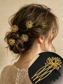 1/2/5 piezas Peine lateral de diente de león dorado, accesorio para el cabello de novia para boda, peinado de dama de honor, fiesta & vacaciones - Multicolor - Ver 5