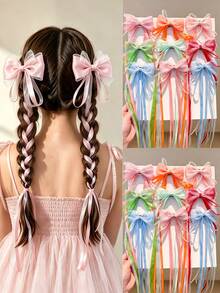 2pcs Macaron Color Satin Pearl Luster Tulle Long Ribbon Bow Hair Clips, Suitable For Children, Non-Slip Alligator Hair Clip Base, Multiple Colors Available, Children's Daily Accessories/Performance/Photography - Multicolor - View 1
