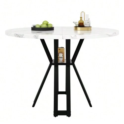 Mesa de comedor redonda (100 x 100 x 76 cm), mesa redonda ligera y lujosa para 4-6 personas, adecuada para comedor y sala de estar, patas doradas, sobremesa con efecto mármol en MDF - Negro - Ver 1