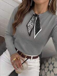 Women's Autumn/Winter Mixed Gray Crew Neck Knit Top With Paisley Print Scarf Tie, Commute Work Top - Grey - View 10