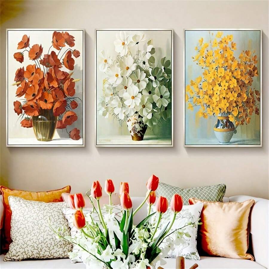 3pcs Unframed Abstract Floral Oil Painting Wall Art, Wallpaper, Canvas Painting For Living Room Porch Home Decoration - Cartoon - View 1