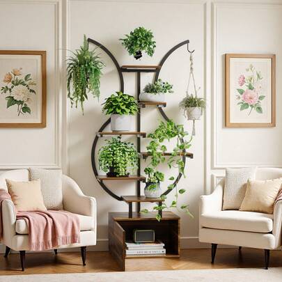 FEEOHOME Scaffale per piante con spazio contenitivo, portapiante multipiano con supporto per piante sospese, giardino da interno stabile per soggiorno e balcone, 7 ripiani, motivo a strisce tigrate