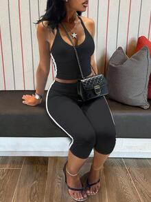 LovelyWholesale Women's Sporty V-Neck Side Stripe Tank Top And Shorts 2 Pieces Set Summer Outfit Black Elegant - Black - View 2