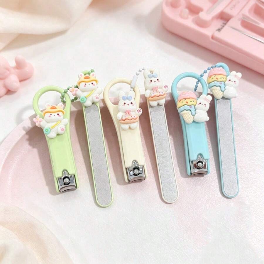 2pcs/1set Cute Rabbit Shaped Exfoliating Nail File And Nail Clipper Set, Reusable Stainless Steel Grinding Bar, Dead Skin Removal Polishing Strip, Washable Nail Surface Repair Pen, Nail Shape Trimming - Multicolor - View 1