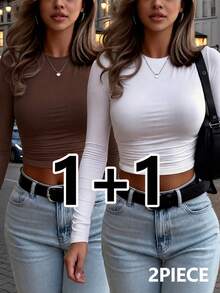 2pcs Women's Short Long Sleeve T-Shirt Set, Solid Color Square Neck Slim Fit, Minimalist Style Casual - Multicolor - View 1