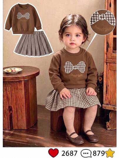 Baby Girls 2pcs Set Autumn/Winter Cute Fashion Versatile Cartoon Bow & Letter Embroidered Crew Neck Long Sleeve Sweatshirt + Jacquard Tweed Pleated Skirt Vintage Outfit Suitable For Outdoor Wear