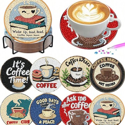 8pcs/Set Diamond Painting Coaster Set With Coffee Pattern (With Holder) - Home Decor DIY Diamond Art Craft Kit For Beginners, Diamond Craft Supplies, Artificial Diamond Art Craft Supplies Gift