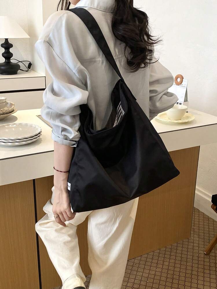 Japanese Minimalist Large Capacity Canvas Tote Bag, Women's Shoulder Crossbody Bag, Casual Versatile Handbag, Suitable For Daily Use, Work, Study, College Style, University Students, Shopping, Wallet, Young Women, Newcomers, White-Collar Workers. Perfect For Office, University, Work, Business, Commute, Outdoor Activities, Travel And Outings - Black - View 3