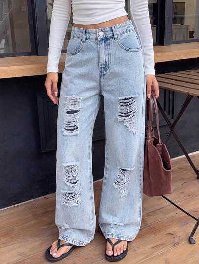 1pc Vintage American Street Style Casual Distressed Ripped Regular Fit Denim Jeans For Tween GirlsSpring/Summer