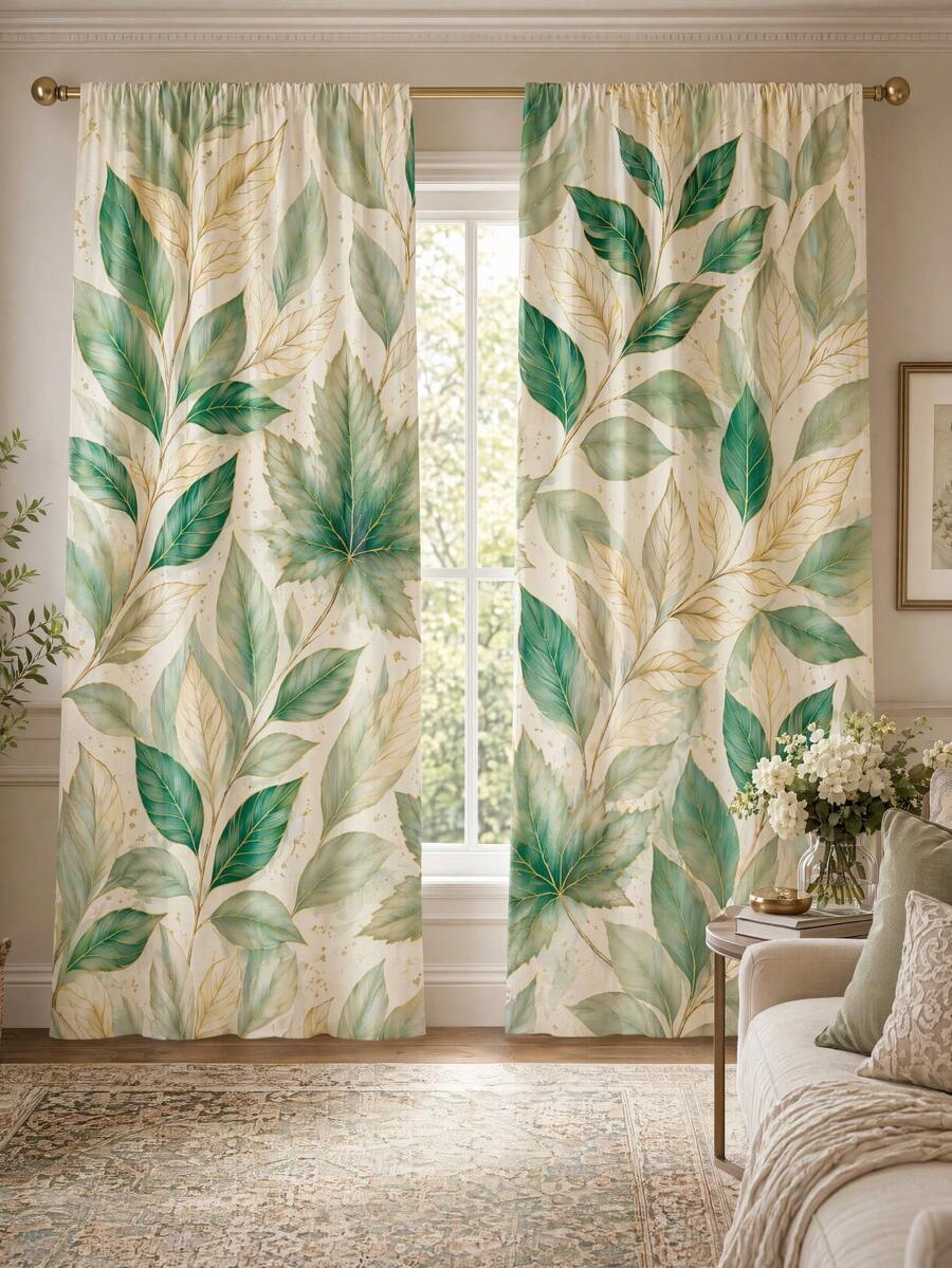 2pcs Watercolor Green Leaf Print Decorative Curtains, No-Drill Rod Pocket Design, Easy Installation & Removable, Polyester Material, Suitable For Living Room, Bedroom, Bohemian Nordic Modern Home Decor - Multicolor - View 1