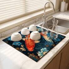 1pc Dish Drying Mat, Coffee Machine Mat, Koi Fish & Floral Pattern Dish Drying Mat, Absorbent & Breathable Quick Drying Tabletop Protector, Kitchen Dining Table Non-Slip Mat, Thanksgiving Holiday Gift Multi-Purpose Tabletop Absorbent Drying Mat, Room Tabletop Protector, Holiday Gift, Kitchen Decor - XYLSD808 - View 5