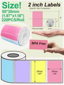 Marklife 50x30mm, 1.97 Inches X 1.18 Inches Direct Heating Thermal Paper Roll, 4-Color Permanent Self-Adhesive Labels, Barcode Labels, Durable Label Paper, Suitable For P50 And D100 Thermal Printers Manufacturers. Each Roll Contains 220 Labels. Perfe - View 3