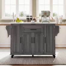 Mobile Kitchen Island Cart With Foldable Tabletop, Rolling Storage Trolley With Adjustable Shelves, Double Door Cabinets And 2 Drawers, Kitchen Storage Island With Towel Rack And Spice Rack For Dining Room, White, 129 X 46 (71) X 91 Cm - Grey - View 11