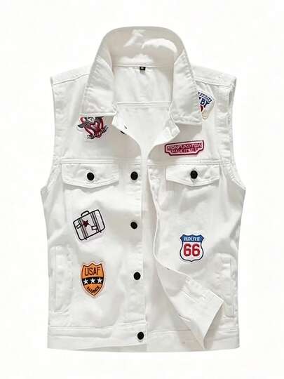 White Sleeveless Denim Trucker Vest, Multi Embroidered Patch Badges Lapel Button Front Casual Outer Waistcoat
