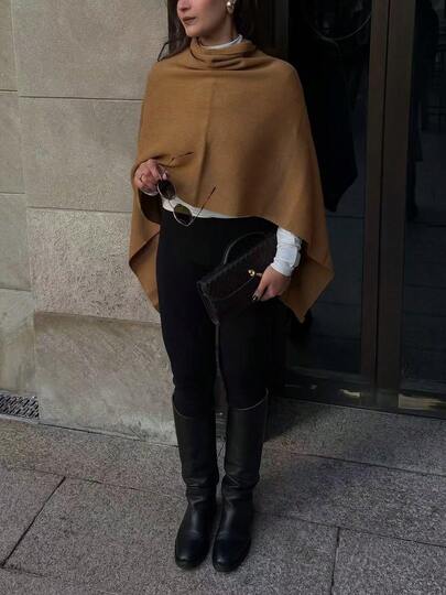MORI Fall Winter Women Sweaters Y2K Chic Khaki Turtleneck Knit Poncho Cape Loose Sleeveless Casual Streetwear Outfits Sweater Tops
