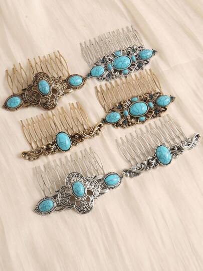 1PC Bohemian Baroque Artificial Turquoise Vintage Distressed Effect Painted Halloween Bohemian Zinc Alloy Hair Comb Hair Accessory All Seasons