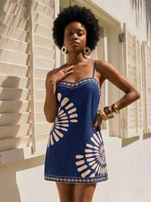 CAJUNI Vacation Casual Tropical Boho Geometric Print Camisole Dress Bohemia Werstern Parrot Pattern Elegant - Navy Blue - View 1