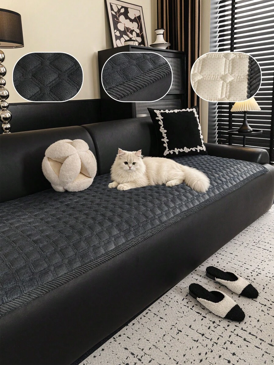 SANMOSPIN 1PC Solid Color Piped Quilted Plush Sofa Cushion, Minimalist Grid Pattern, Quilted Craftsmanship, Suitable For Autumn/Winter, Soft And Comfortable Plush Sofa Cushion, Pet-Friendly Machine Washable, Bedroom Living Room Office Home Decor Protective Cover - Dark Grey - View 1