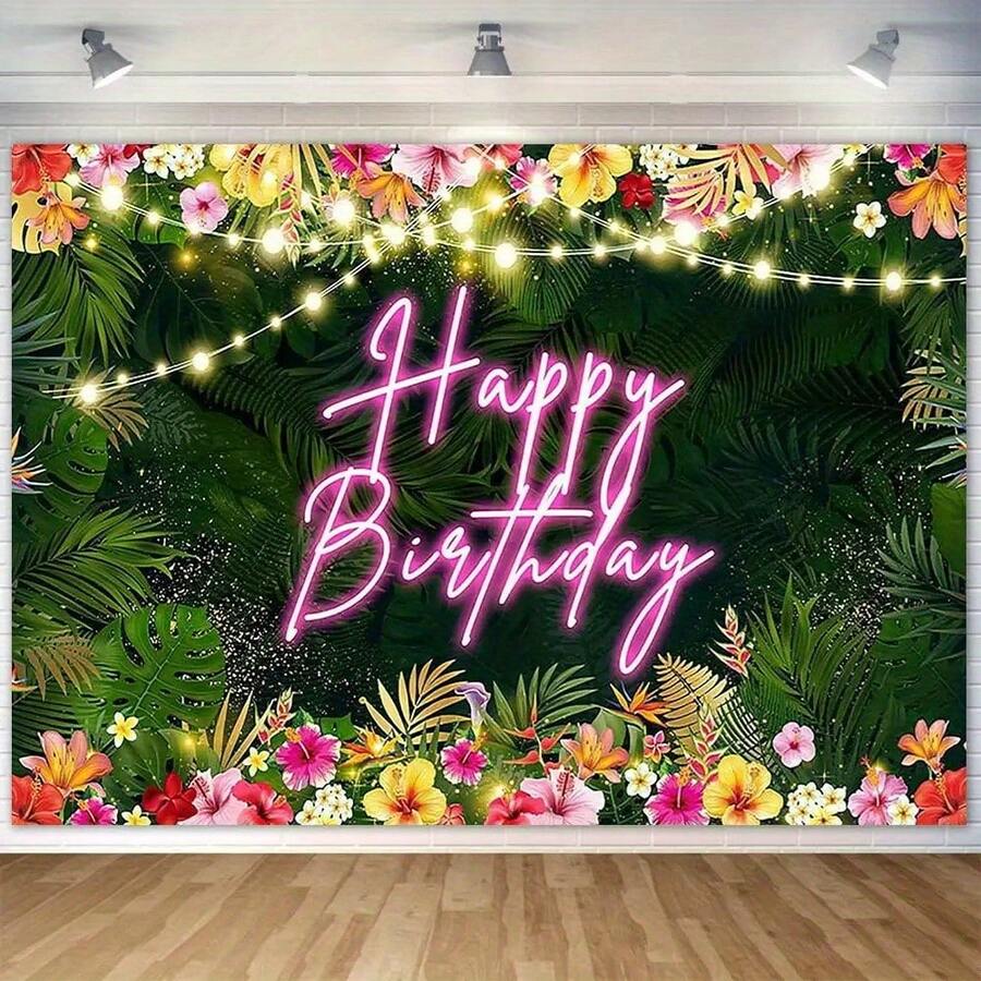 1pc Hawaiian Tropical Birthday Backdrop, Tropical Palm Leaf Birthday Party Background, Luau Birthday Party Decoration, Aloha Birthday Banner, Party Banner