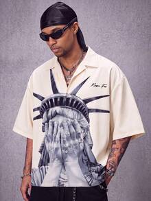 MAISONFOX Chemise à manches courtes imprimée Statue de la Liberté pour hommes, streetwear, printemps/été, chemise à manches courtes décontractée polyvalente pour le port quotidien, prête pour le streetwear - Beige - Voir 7