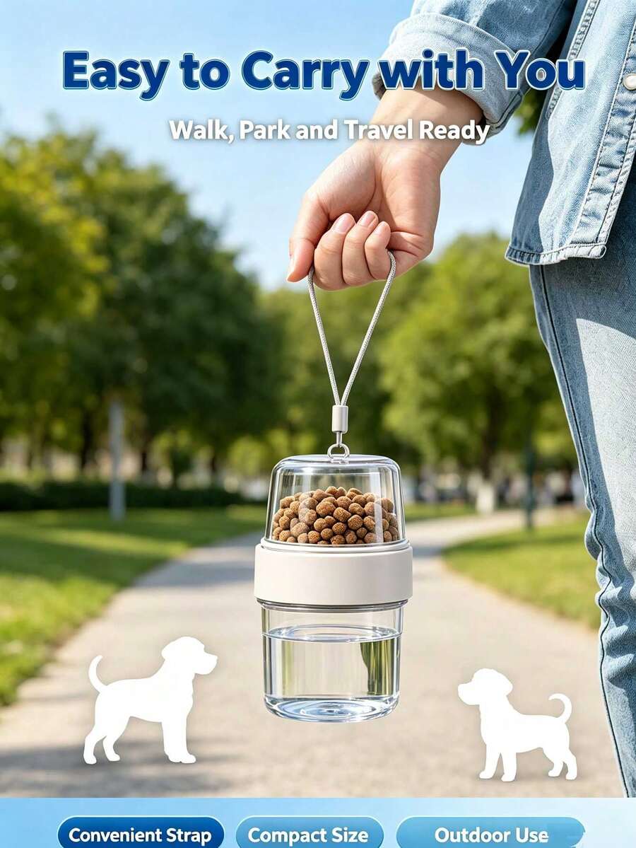 2-In-1 Pet Travel Water & Food Container, Portable Dog Feeding Cup, Transparent Dual Compartment Pet Bowl, Detachable Design With Carrying Strap, Suitable For Outdoor Walking, Camping, Picnic, Travel