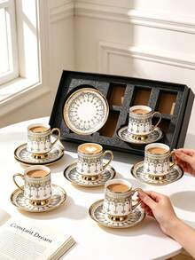 Set Of 6 Ceramic Coffee Cups And Saucers (90 Ml Each), Suitable For Use In The Microwave And Dishwasher; Includes Espresso Cups And Arabic Coffee Cups. Ideal For Afternoon Tea, Cafes, The Kitchen And Home Decor; The Perfect Gift. - Multicolor - View 8