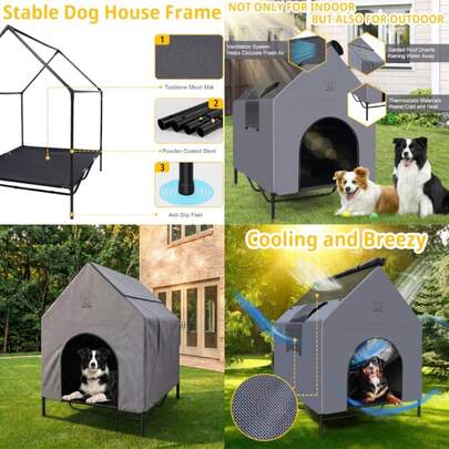 Casas para perros de 36'' para perros grandes al aire libre, casa para perros grandes a prueba de clima con cama elevada de textilene, tienda transpirable para perros, casa para perros al aire libre de raza extra grande con ventanas y parasoles