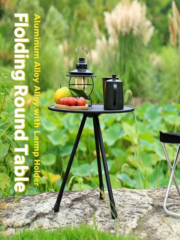 1pc Outdoor Folding Triangular Round Table With Light Pole, Portable Collapsible Ultralight Camping Lantern Table