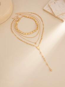4pcs/Set Vintage Gold Multi-Layer Stacked Necklace, Asymmetrical CCB Beaded Snake Chain Water Drop Pendant Y-Shaped Tassel Collarbone Chain, Sexy Deep V Neck Accessory - 4-piece Necklace Set - View 4