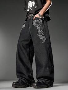 Korean Street Style Men's Wide Leg Jeans, Two-Tone Embroidery Design, Loose Fit, Full Length Trousers, All-Season (Belt & Accessories Not Included) - Black - View 8