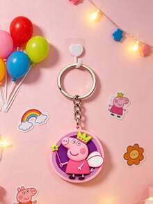 Peppa Pig Theme 2D Keychain Cartoon 2 Peppa Pig Round Key Chain With Red Dress, Crown, Magic Wand, White Wings. Material: Waterproof And Scratch-Resistant Metal Ring Chain. Can Be Hung With Car Keys Or Luggage Box. Cartoon Decorative Pendant. - Multiple Styles - View 1
