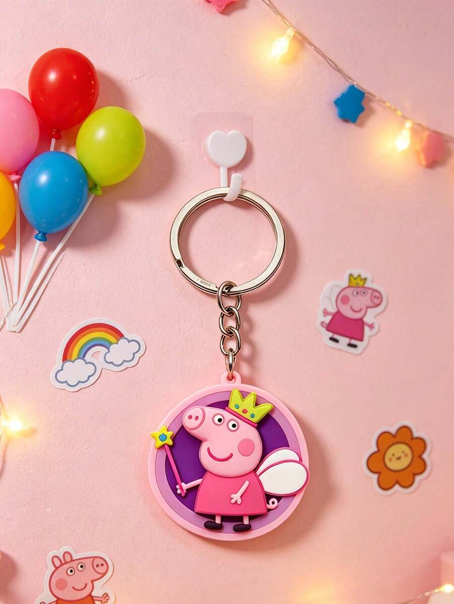 Peppa Pig Theme 2D Keychain Cartoon 2 Peppa Pig Round Key Chain With Red Dress, Crown, Magic Wand, White Wings. Material: Waterproof And Scratch-Resistant Metal Ring Chain. Can Be Hung With Car Keys Or Luggage Box. Cartoon Decorative Pendant. - Multiple Styles - View 1