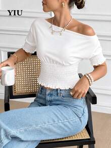 YIU Women's White Off-Shoulder Ruched Short Blouse, Half Puff Sleeve Knit Fabric Regular Length Shirt, Summer Fashion - White - View 3