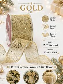 Christmas Sequin Mesh Ribbon Set, Silver Red Gold Holiday Decorative Shaped Ribbon, Glitter Hollow Woven Wide Ribbon, Suitable For Christmas Tree Wrapping, Wreath Bows, Gift Packaging, Fireplace Garland, Stair Railing, Door Frame Window Display And Holiday Table Decor - Christmas Ribbon - View 10