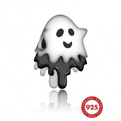 1pc S925 Sterling Silver Black & White Drip Glue Melting Ghost Hollow Bead, Cute Cartoon Halloween Personalized DIY Bracelet Large Hole Silver Accessory