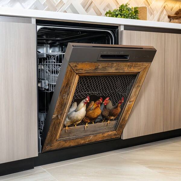 1pc Vintage Hen Dishwasher Decorative Sticker, Creative Fun Poultry Waterproof Self-Adhesive Refrigerator Sticker For Kitchen