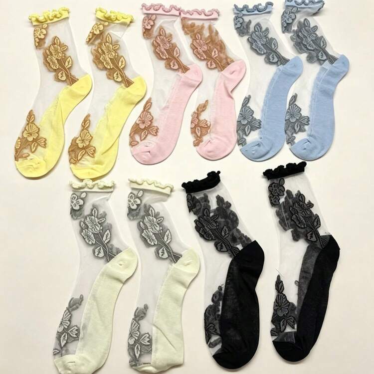 5 Pairs Women's Thin Mixed Color Invisible Socks, Breathable Short Socks, Ditsy Floral, Versatile Daily Home Socks - Multicolor - View 11