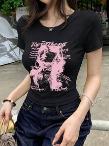 女款圓領短袖T恤，夏季新款人像圖案與字母印花，時尚百搭修身短版上衣，休閒黑色 - 黑色 - 查看 10
