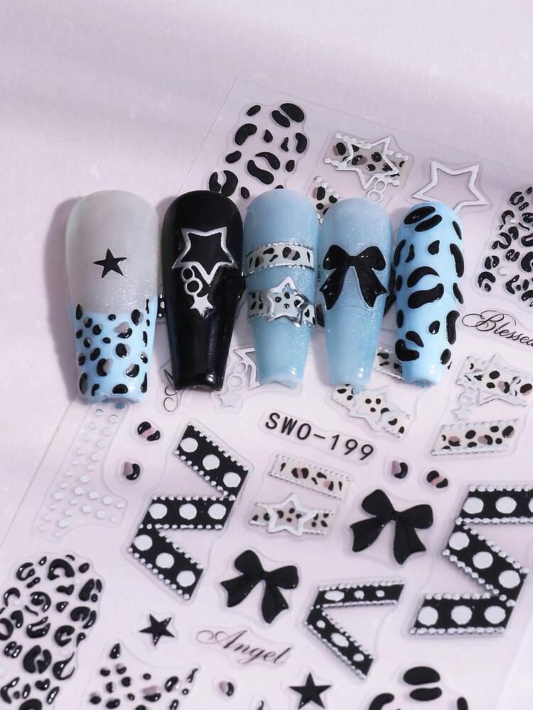 2pcs 3D Y2K Style Nail Stickers, 5D Embossed Pink Leopard Print Bow & Black Cow Print Curved Border Gothic Design, Self-Adhesive Nail Art Decals For DIY Nail Decoration - Multicolor - View 4