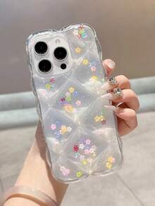 1pc Y2K Style Transparent Rhombus Phone Case, Silver Foil Glitter Wavy Edge Anti-Scratch Protective Shell, Suitable For All Models - Transparent Small Flower - View 1