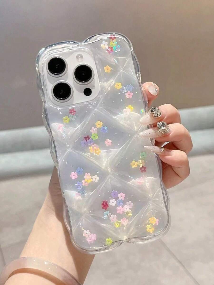 1pc Y2K Style Transparent Rhombus Phone Case, Silver Foil Glitter Wavy Edge Anti-Scratch Protective Shell, Suitable For All Models - Transparent Small Flower - View 1