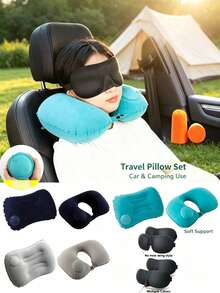 Juego de 1/2/3/4 piezas Almohada inflable impermeable y cómoda de colores neutros para camping, soporte para el cuello, lavable a máquina, equipo de senderismo al aire libre, plegable para viajes, combo de antifaz y tapones para los oídos, artículos esenciales para vacaciones de verano (estilo aleatorio) - Multicolor - Ver 9