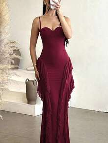 Women's Sexy Vintage Burgundy Spaghetti Strap Fitted Maxi Dress With Ruffle Mesh Detail, Elastic Knit Fabric Formal Evening Gown - Burgundy - View 5