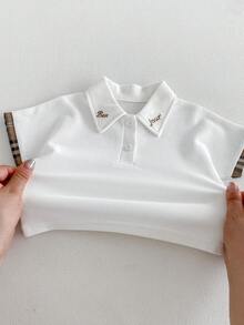 Miniweenns Baby Girl Preppy Back To School Summer Letter Embroidered Polo Collar Set, White & Brown Plaid Short Sleeve Top + Skirt 2-Piece Outfit - Multicolor - View 12