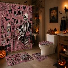 1pc/4pcs Halloween Telephone Skeleton Multi-Function Bathroom Decor Shower Curtain Set, Free 12 Hooks, Premium Holiday Atmosphere, Bathroom Mat, U-Shaped Rug And Round Toilet Lid Cover, Suitable For All Halloween Scenes - Phone Skull - View 4