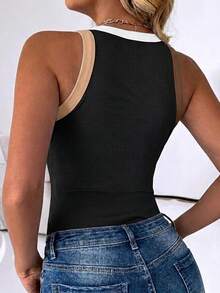 ChicMe Women Contrast Trim Ribbed Tank Top Slim Fit Sleeveless Round Neck Basic Camisole For Streetwear And Layering Tee - Black - View 4