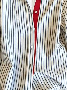 Women's Retro Colorblock Striped Polo Collar Long Sleeve Shirt, Spring New Fashion Design Loose Casual Top - White - View 6